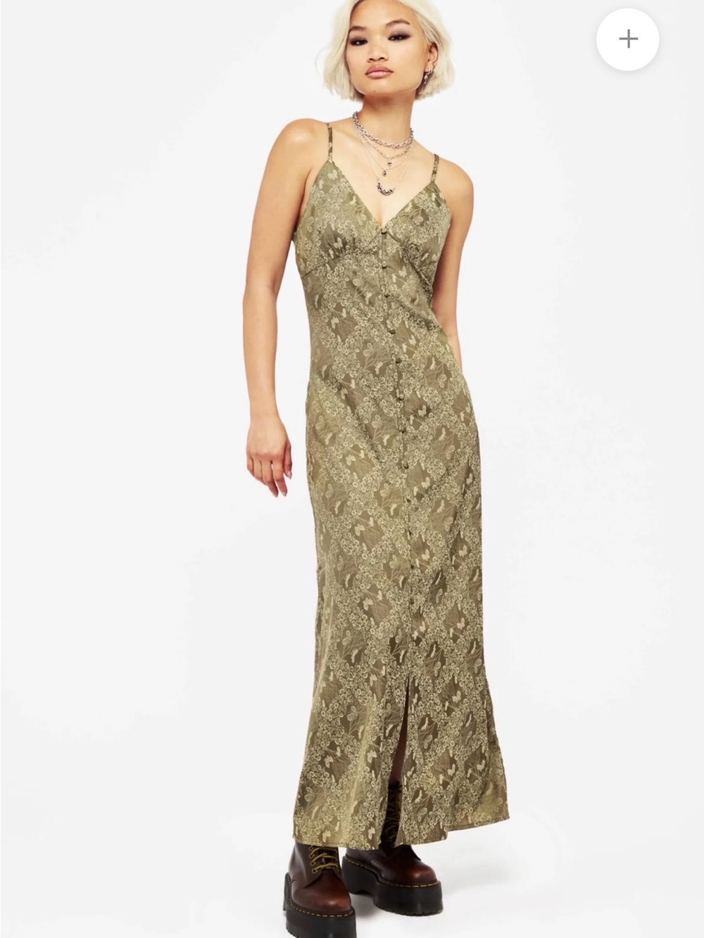 Disturbia Olive Floral Maxi Slip Dress with Buttons